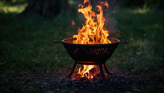 Bright flame and hot coal in a brazier used for toasting, focusing on fire safety protocols in outdoor cooking