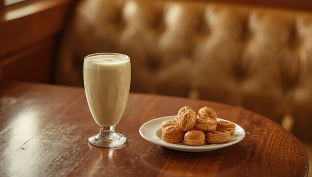 A serving of yellow nutsedge drink, horchata, placed on a table in a cafe setting, highlighting beverage ingredients, International Coffee Day