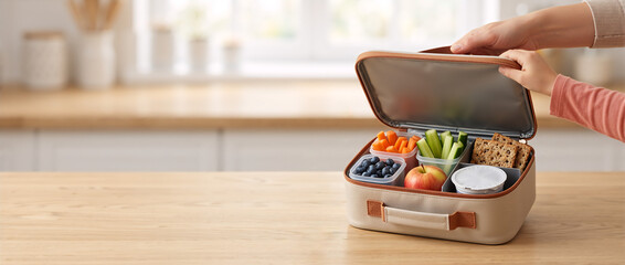 Open lunch box filled with healthy food on a wooden table. Bento container with fruits, vegetables, and snacks for school or work. Panoramic kitchen background with copy space