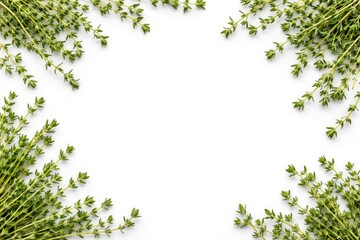 Naklejka premium white studio background with fresh thyme herb sprigs for copy space