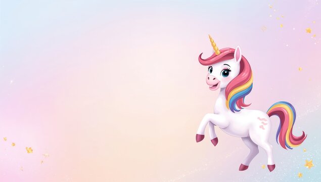 A cheerful unicorn with a flowing rainbow mane in a natural setting, highlighting whimsy and imagination