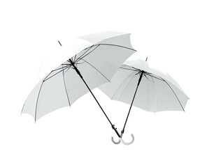 Two open white umbrellas, angled, against a transparent black background, for rain or sun protection