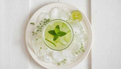 Spring detox beverage with lime, mint, and cucumber, highlighting wellness, presented on a wooden surface, Earth Day