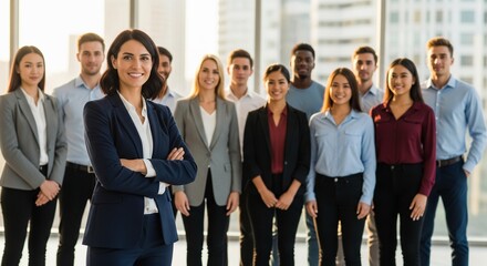 Obraz premium Diverse group of professionals standing together in a modern office setting with a confident woman at the forefront