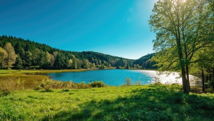 Obraz premium Majestic trees and vibrant greenery with water reflection, highlighting summer landscape for nature preservation