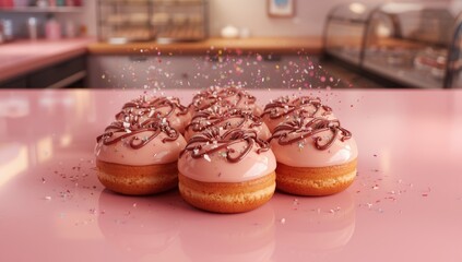 Sweet donuts with chocolate and vanilla glaze, suitable for food layout backgrounds