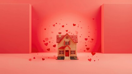 Residential house model set against a bold red background, suitable for layout backgrounds or design templates
