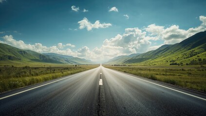 Vacant road amid vibrant green mountains and bright sky, suitable for outdoor adventure or nature exploration