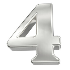 High-quality 3D rendered metallic silver number four standing prominently isolated against a deep black background.