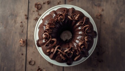 Chocolate bundt cake with ganache glaze and chocolate curls, used in food presentation or menu design