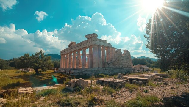 Historical site of Sami acropolis in a wooded landscape in Kefalonia, heritage conservation