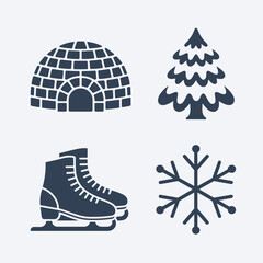 Winter silhouette icons set with igloo, pine tree, ice skates, and snowflake