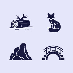 Nature and outdoor silhouette set featuring fallen log, fox, rock formation, and wooden bridge in blue