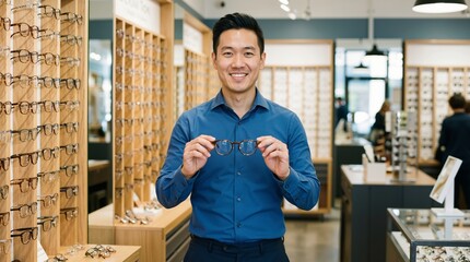Smiling Asian man optician holding glasses in optical store with shelves. Vision care and eyewear retail business