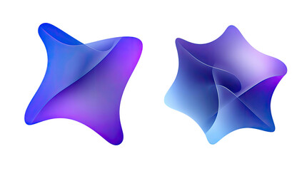 Two translucent, morphing abstract shapes against a stark black background. Gradients of blue to purple hues
