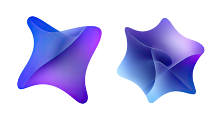 Two translucent, morphing abstract shapes against a stark black background. Gradients of blue to purple hues