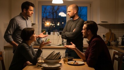 Tense Conversation Among Friends in Kitchen Discussion Dinner Argument. Concept featuring friends, discussion, kitchen, dinner, argument.