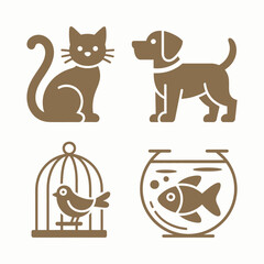 Cat, dog, bird in cage, and fish in bowl brown color silhouette icon set vector illustration