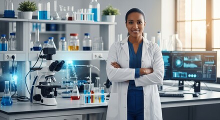 Scientist standing confidently in a modern laboratory with various scientific equipment