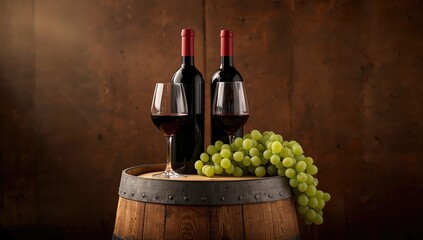 Wine glasses and bottles placed on an antique barrel with a bunch of grapes, used as a rustic beverage service backdrop, International Wine Day