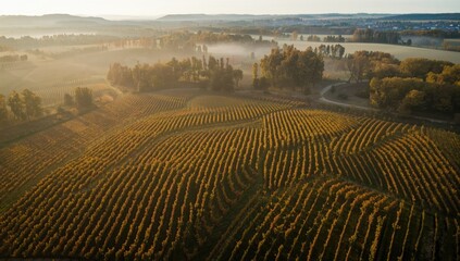 Obraz premium Drone perspective of Bordeaux vineyard and woodland during autumn dawn, highlighting landscape transformation