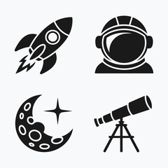 Vector illustration of rocket, astronaut helmet, crescent moon, and telescope silhouette set