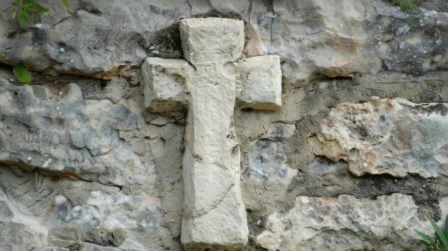A carved stone cross embedded in a weathered stone wall