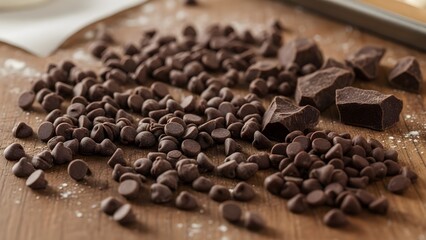 Fototapeta premium Chocolate chips and pieces on wood surface