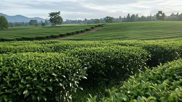 A serene panoramic shot captures a vast, meticulously cultivated agricultural field stretching across gentle rolling hills under a soft, diffused sky. Lush, vibrant green plants are arranged in neat, 
