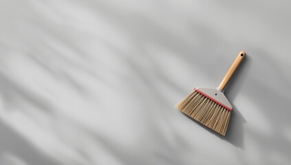Flat lay of cleaning equipment with broom and dustpan on grey surface, emphasizing sanitation and upkeep