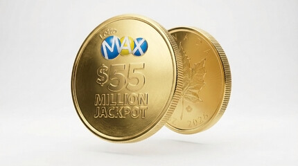 Golden coins with $55 million jackpot and Lotto Max logo