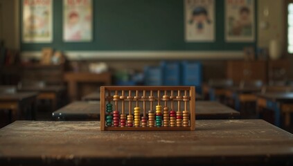 Educational wooden abacus placed on a rustic wooden surface for classroom activities and learning tools