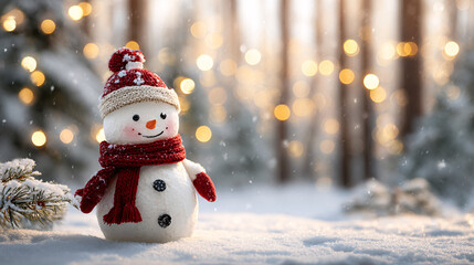 Obraz premium Charming Snowman in Winter Wonderland with Blurred Christmas Lights