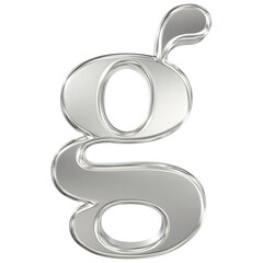 Highly reflective metallic 3D render of the lowercase letter G isolated on a black background.