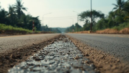Rural road repair site with muddy and concrete mixture on the surface, highlighting construction progress