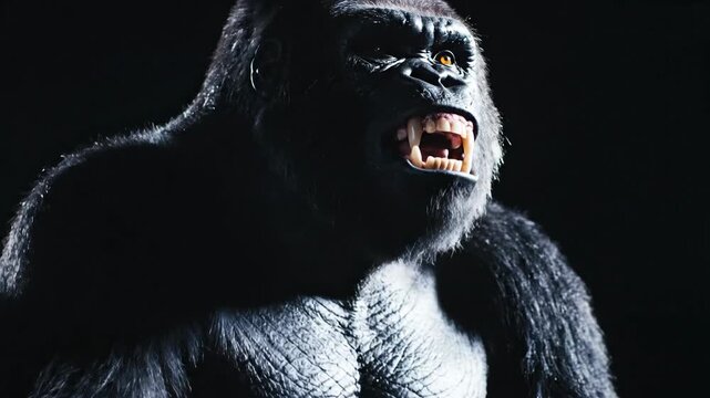 Dramatic Slow-Motion Close-Up of an Aggressive Gorilla's Face Roaring with Fangs Exposed in Intense