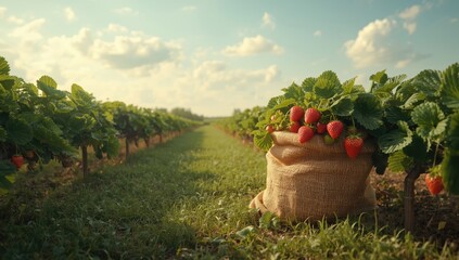 Strawberry cultivation with densely packed green leaves in sacks, used as a UI backdrop