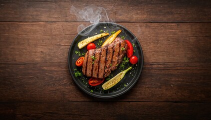 Barbecue items with vegetables on a rustic wooden table, highlighting grilling techniques and food handling