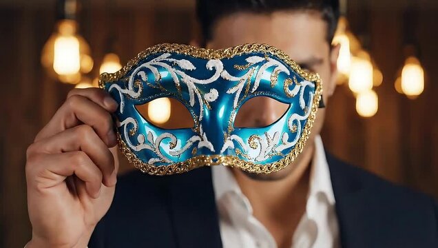 Man in a suit holding a decorative masquerade mask in front of his face.
