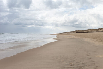 Waves and cloudy skies in a beach landscape