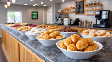 A vibrant display of assorted pastries and donuts arranged in bowls on a countertop, inviting customers to indulge in sweet treats.