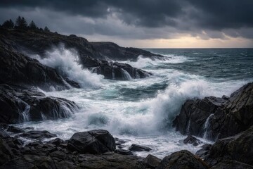 Fototapeta premium Rocky coast swept by strong waves on a gloomy afternoon