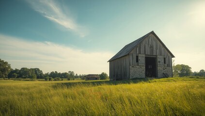 Obraz premium Vintage-style granary remnants featuring wooden construction and surrounding grassland, set against a clear summer sky