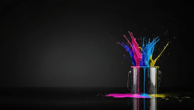 Paint bucket filled with colorful drops, serving as an artistic backdrop for editorial headers