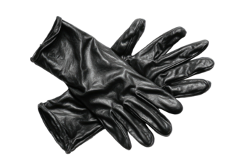 Pair of black, smooth gloves, crossed, showing detail of material and texture