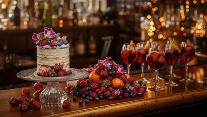 Decorative ice cake with fruit garnishes and wine, designed for holiday festivities