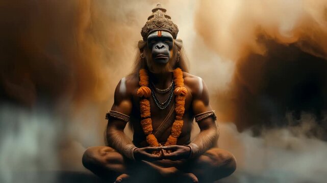 Meditating Hanuman, an ape-like deity in a mystical atmosphere