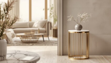 Brass and marble side table serving as a decorative furniture element in modern living spaces, ideal for aesthetic appeal