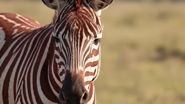 A stunning close-up captures the unique beauty of a zebra displaying rare brown and white stripes, rather than the typical black and white. The animal's alert eyes observe its surroundings, conveying 