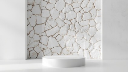 White fractured wall stone pieces with rough edges form a textured backdrop for product presentation in retail or display settings